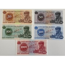 ANGOLA 1976 . TWENTY 20 - ONE THOUSAND 1,000 KWANZAS BANKNOTES . SPECIMEN